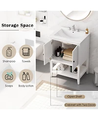 Casainc 24" Modern Bathroom Vanity with Ceramic Sink, Solid Wood Frame & Open Shelf