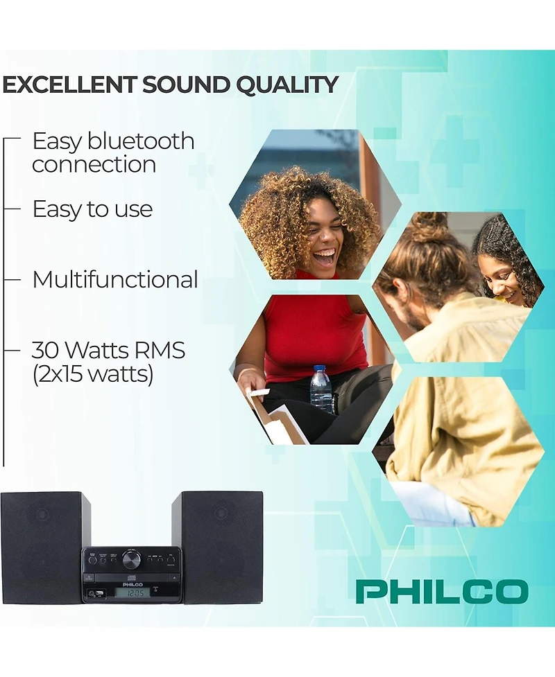 Philco Stereo Shelf Systems Tray Loading Cd Player with Digital Fm Radio, Bluetooth Streaming, Remote Control in Black | Lcd Display | 3.5mm Headphone