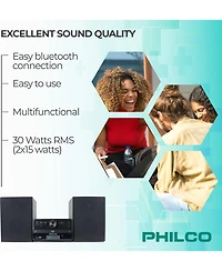 Philco Stereo Shelf Systems Tray Loading Cd Player with Digital Fm Radio, Bluetooth Streaming, Remote Control in Black | Lcd Display | 3.5mm Headphone