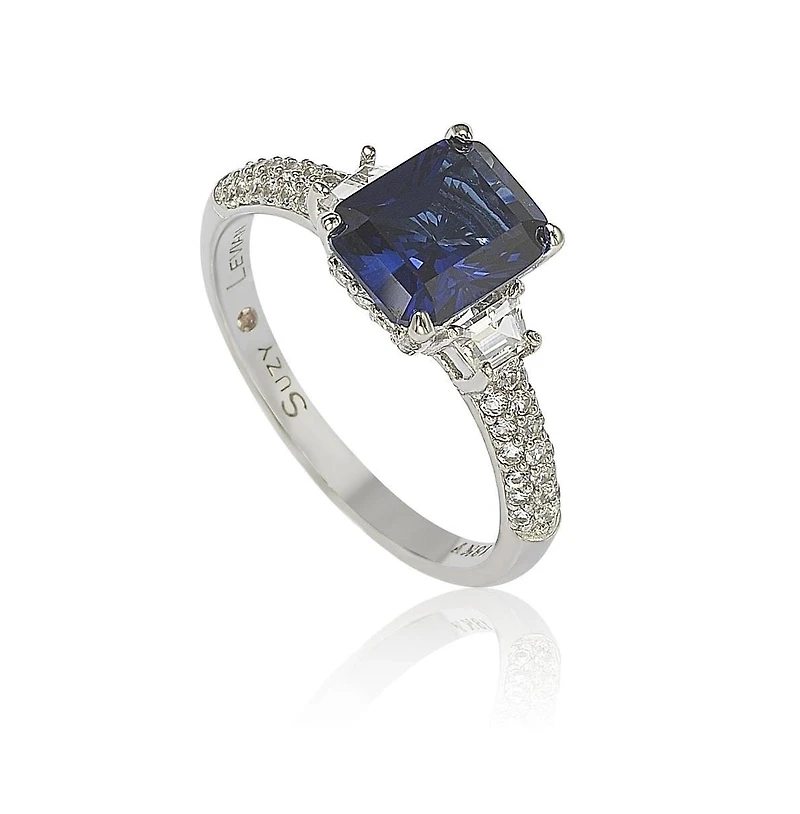 Suzy Levian Sterling Silver Sapphire & Created White Emerald Cut Proposal Ring