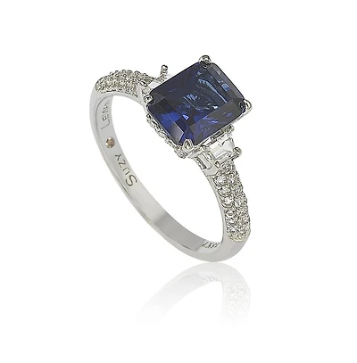 Suzy Levian Sterling Silver Sapphire & Created White Emerald Cut Proposal Ring