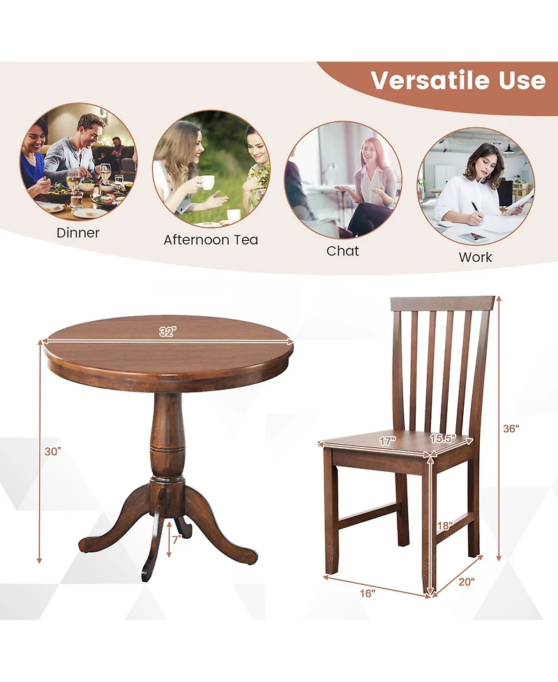 Gymax 3-Piece Dining Kitchen Table Dining Set Mid-Century Round WoodenTable & 2 Chairs