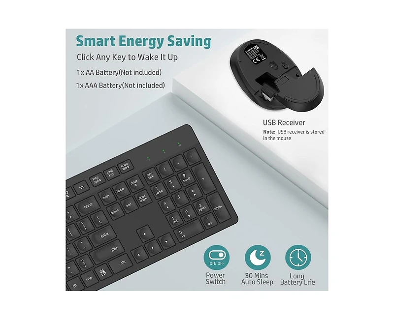 Risokeys Wireless Keyboard and Mouse Combo, Full-Sized Ergonomic Computer Keyboard, 2.4GHz Cordless Keyboard Silent Mouse Set with 2-in-1 Usb Receiver