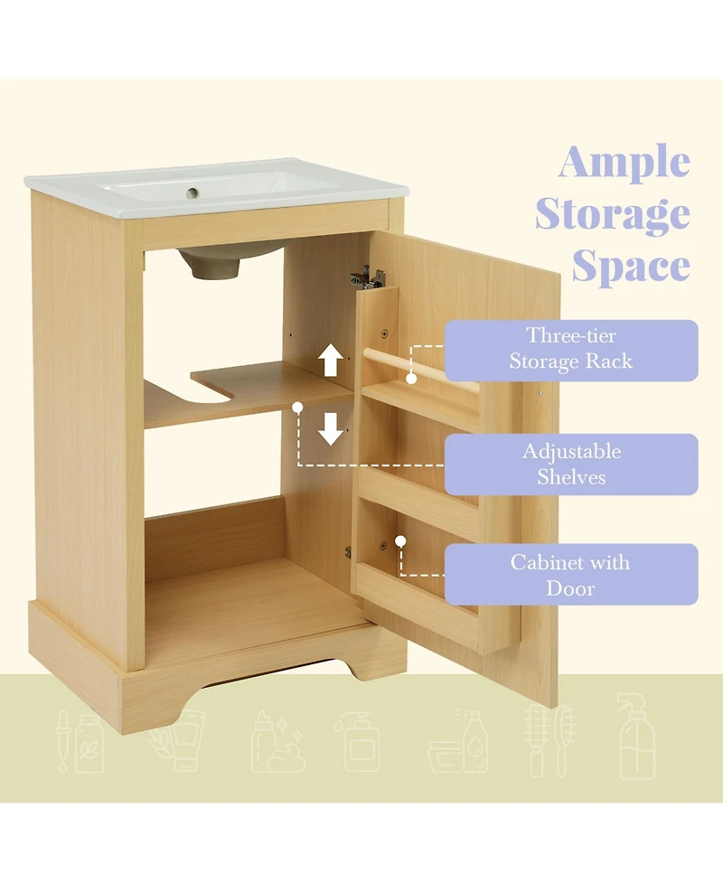 Casainc 20" Bathroom Vanity with Sink, Soft Closing Door, Adjustable Shelf, Natural Wood Rack