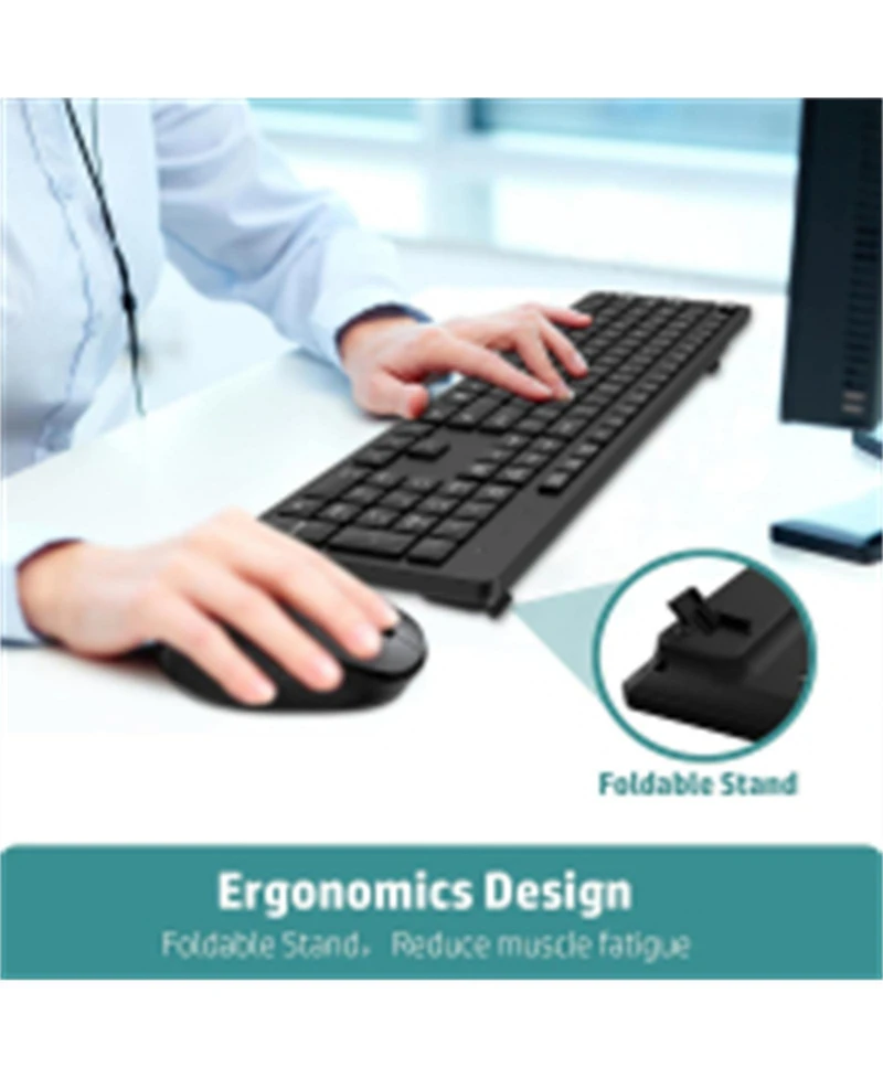Risokeys Wireless Keyboard and Mouse Combo, Full-Sized Ergonomic Computer Keyboard, 2.4GHz Cordless Keyboard Silent Mouse Set with 2-in-1 Usb Receiver