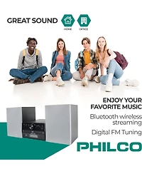 Philco Stereo Shelf Systems Tray Loading Cd Player with Digital Fm Radio, Bluetooth Streaming, Remote Control in Silver