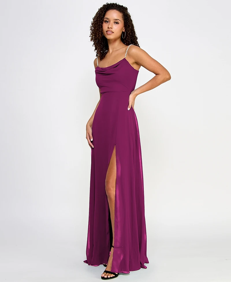 City Studios Juniors' Drape-Neck Faux-Peal-Strap Gown