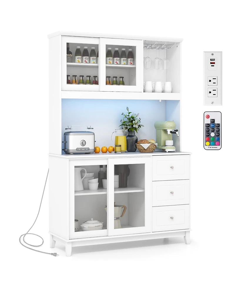 Gymax Kitchen Pantry Storage Cabinet Kitchen Hutch w/ Led lights & Power Outlet