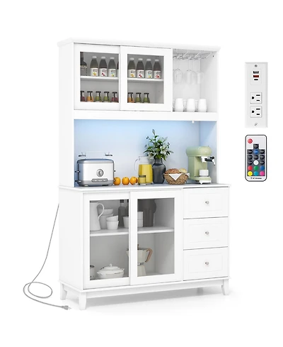 Gymax Kitchen Pantry Storage Cabinet Kitchen Hutch w/ Led lights & Power Outlet