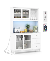 Gymax Kitchen Pantry Storage Cabinet Kitchen Hutch w/ Led lights & Power Outlet