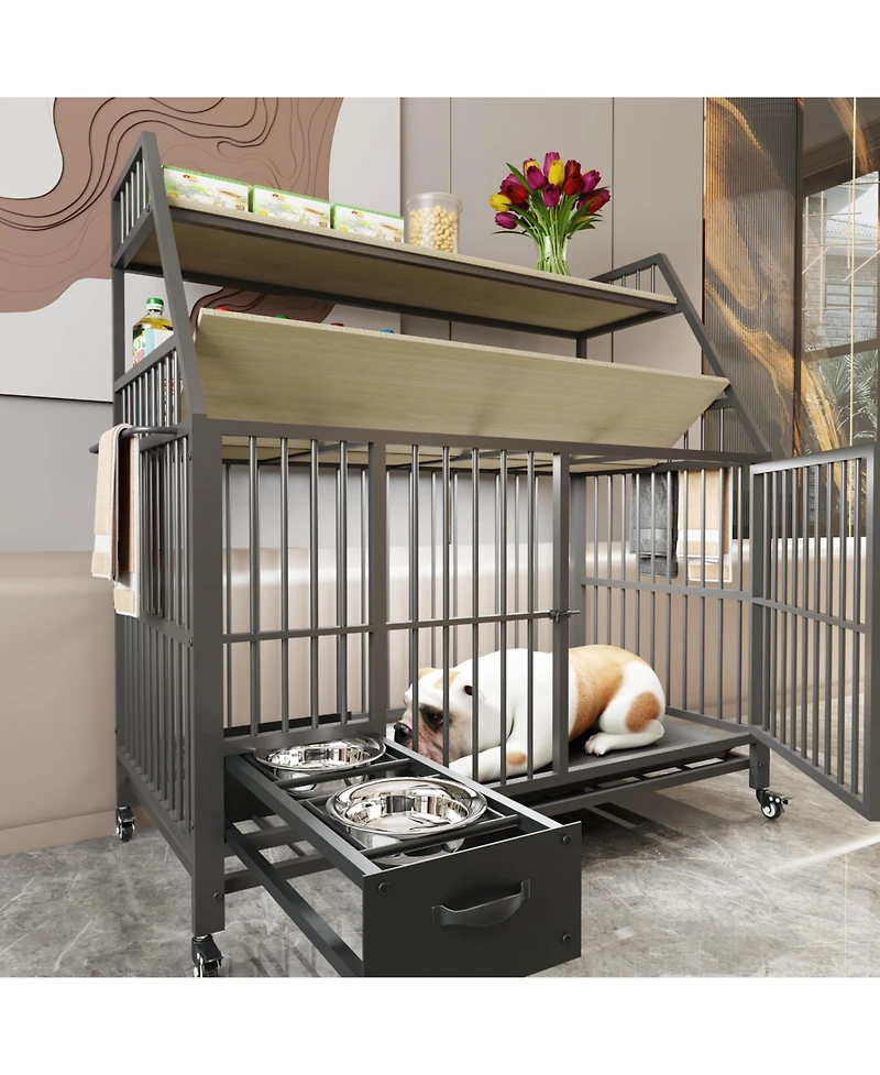 Aostirmotor 35 in. W x 49 in. H x 24 in. D Large Pet Cage with Storage Rack Drawers with Stainless Steel Food in Beige