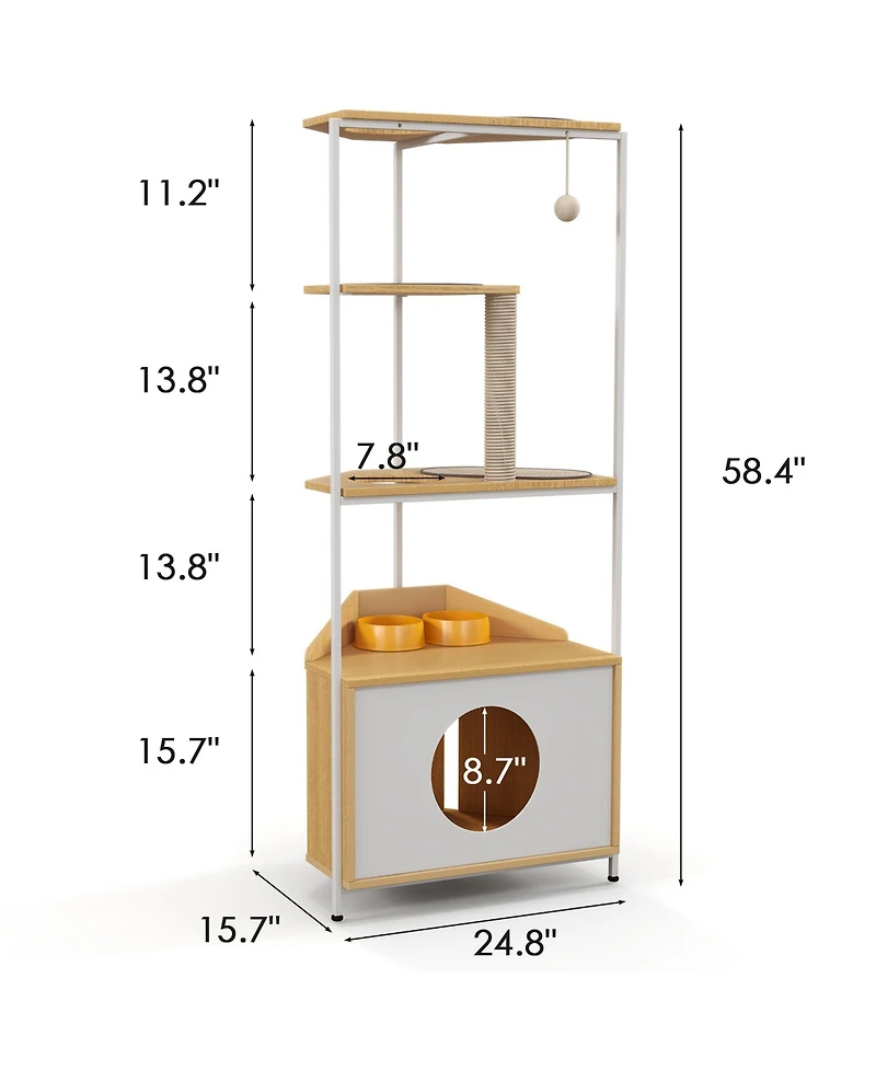 Aostirmotor Corner Cat Tower Cat Tree with Scratching Post Cat House with Feeding Station and Climbing Platforms