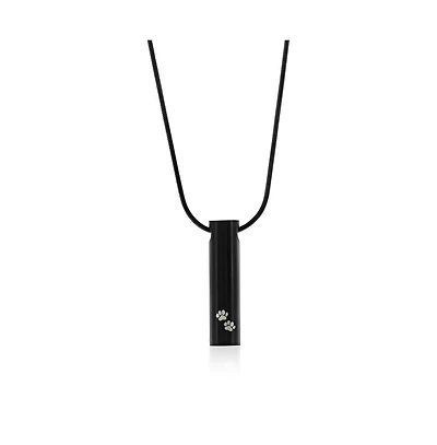 Metallo Stainless Steel, Black Cylinder with Paw Print Cremation Urn Necklace