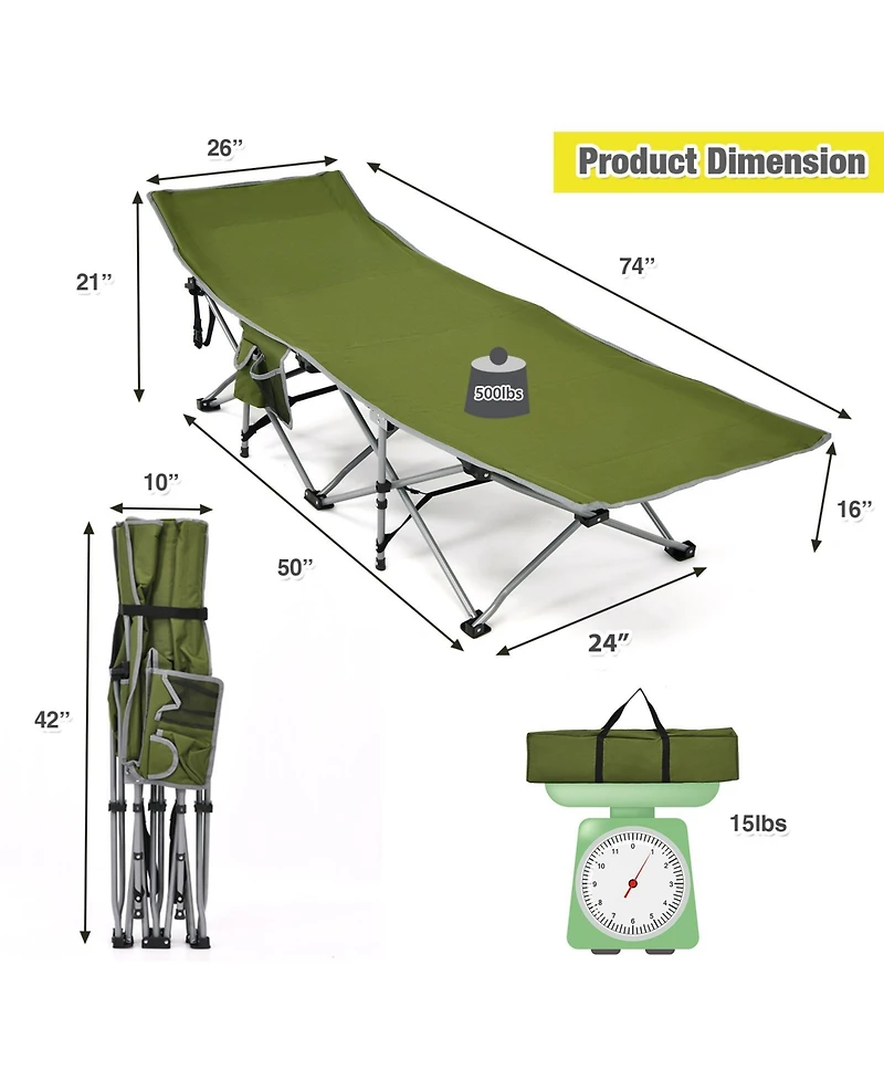 Folding Camping Cot with Side Storage Pocket and Detachable Headrest