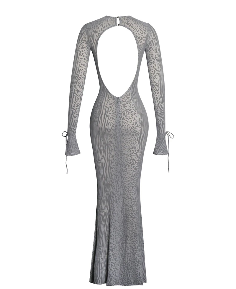 Miss Circle Women Waylynn Gray Animal Print Burnout Velvet Detail Mesh Backless Maxi Dress