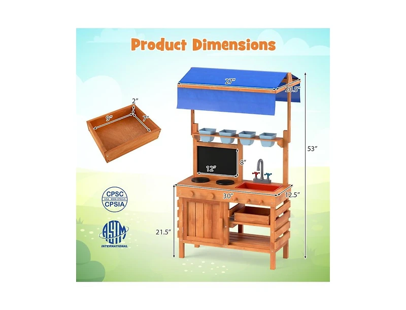 Wooden Pretend Play Kitchen with Height Adjustable Canopy for Kids