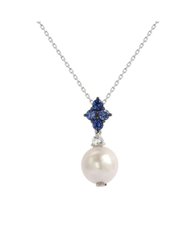 Suzy Levian New York Sterling Silver Freshwater Pearl & Sapphire Cluster Drop Pendant