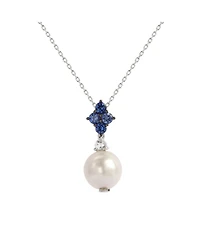 Suzy Levian New York Sterling Silver Freshwater Pearl & Sapphire Cluster Drop Pendant