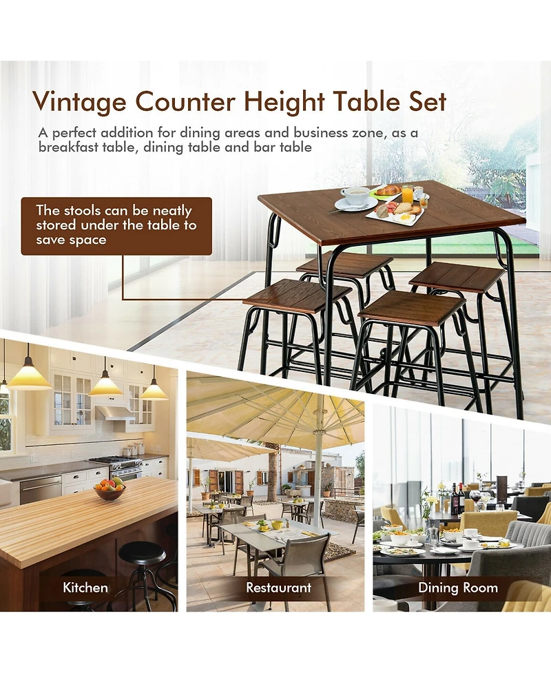 Gymax 5PCS Bar Table Set Counter Height Dining Set w/ 4 Stools