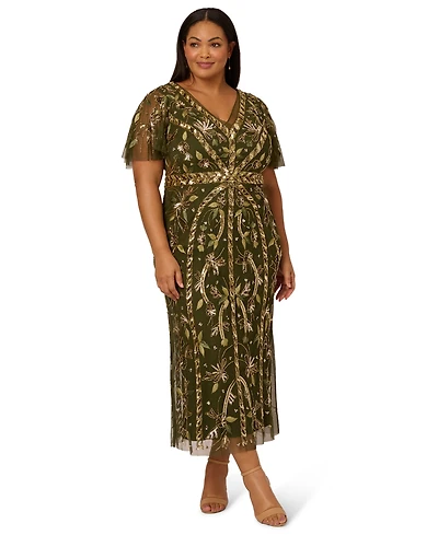 Adrianna Papell Plus Beaded Flutter Sleeve Midi Dress