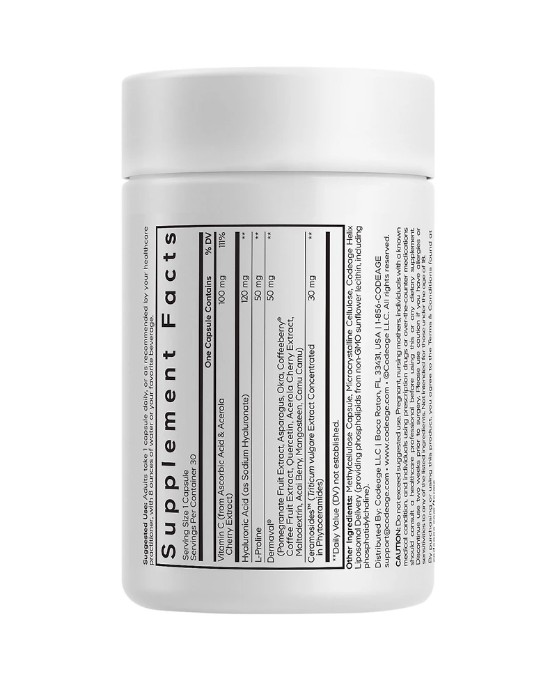 Codeage Skin Vitamins+ Supplement – Dermaval, Hyaluronic Acid, Coffeeberry, Vitamin C – Skin Elasticity, Wrinkle & Moisture Support, 30 Capsules