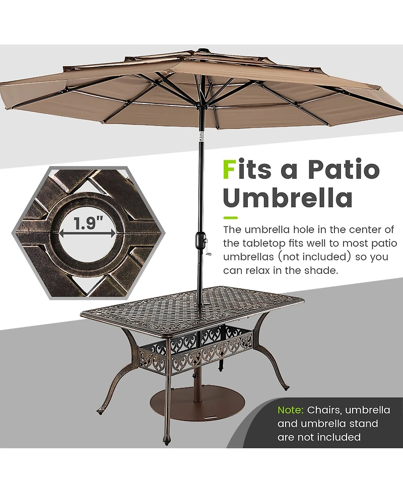 Gymax 59'' Patio Rectangle Dining Table Outdoor Cast Aluminum Table with Umbrella Hole