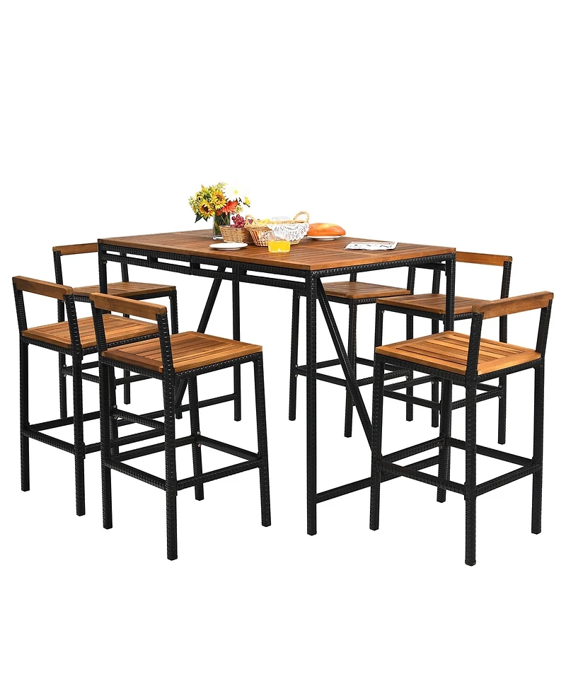 Gymax 7pieces Outdoor Acacia Wood Dining Set Pe Rattan Patio Bar Set with Umbrella Hole