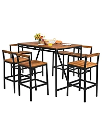 Gymax 7pieces Outdoor Acacia Wood Dining Set Pe Rattan Patio Bar Set with Umbrella Hole