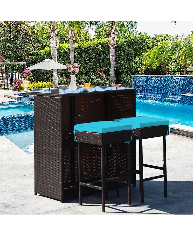 Gymax 3Pieces Rattan Patio Bar Table And Stool Set Dining Set