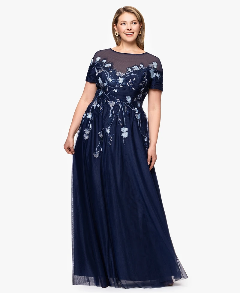 Betsy & Adam Plus Sequin Embellished A-Line Maxi Dress
