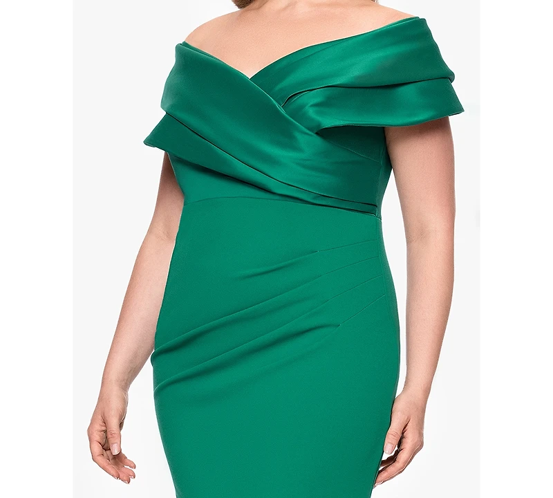 Betsy & Adam Plus Mixed-Material Off-The-Shoulder Gown