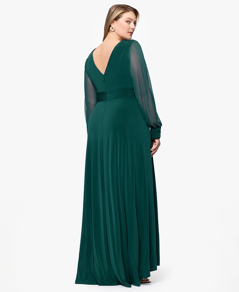 Betsy & Adam Plus Long Sleeve Chiffon V-Neck A-Line Dress