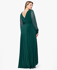 Betsy & Adam Plus Long Sleeve Chiffon V-Neck A-Line Dress