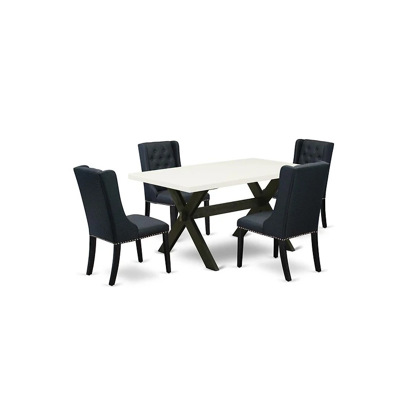 East West Furniture 5 Piece Dining Table Set Includes 4 Black Linen Fabric Padded Chair with Button Tufted and Linen White Dining Room Table