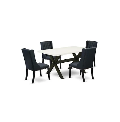 East West Furniture 5 Piece Dining Table Set Includes 4 Black Linen Fabric Padded Chair with Button Tufted and Linen White Dining Room Table