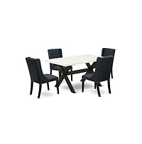 East West Furniture 5 Piece Dining Table Set Includes 4 Black Linen Fabric Padded Chair with Button Tufted and Linen White Dining Room Table
