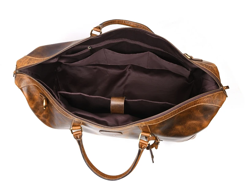 Aaron Leather Goods Genuine Full-Grain Leather Duffel Bag for Men and Women, Handmade Travel Weekender with Adjustable Shoulder Strap, Luggage Tag & I