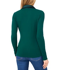 CeCe Women's Woven-Collar Knit Long-Sleeve Top