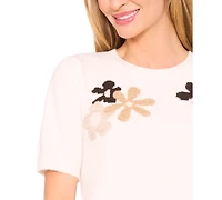 CeCe Women's Groovy Flower Short Sleeve Pullover Sweater