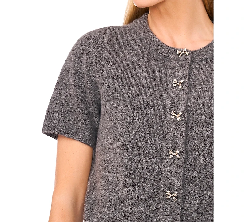 CeCe Women's Short Sleeve Bow Button Cardigan Sweater