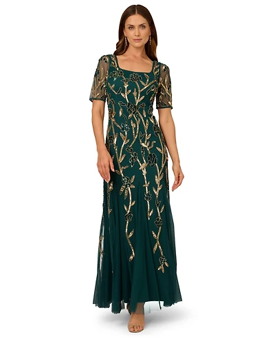 Adrianna Papell Women's Square-Neck Beaded Mesh Gown