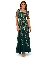 Adrianna Papell Women's Square-Neck Beaded Mesh Gown