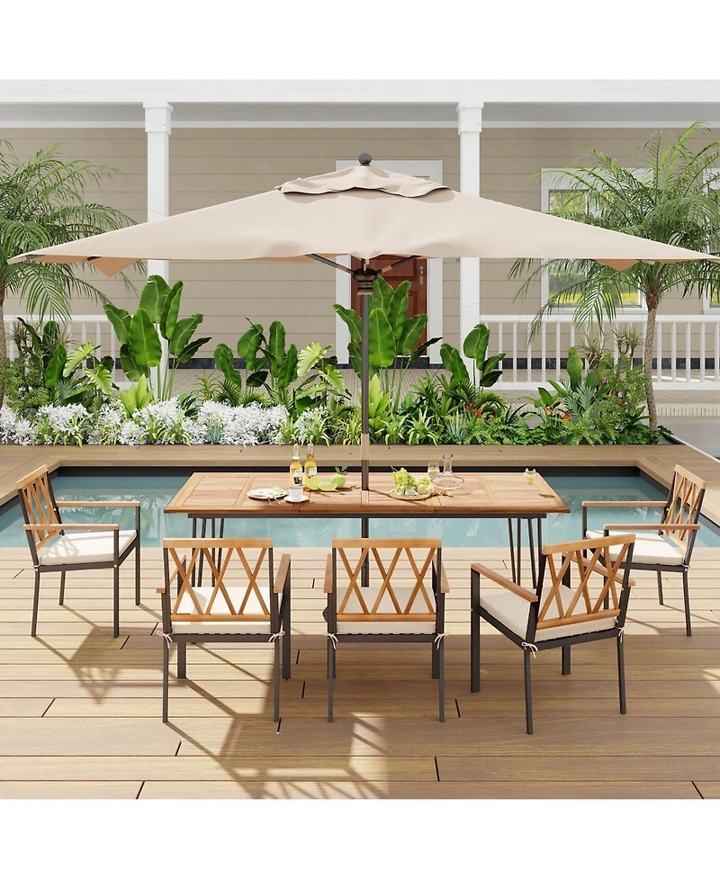 86.5-Inch Outdoor Dining Table with Acacia Wood Tabletop & Metal Legs Umbrella Hole