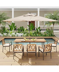 86.5-Inch Outdoor Dining Table with Acacia Wood Tabletop & Metal Legs Umbrella Hole