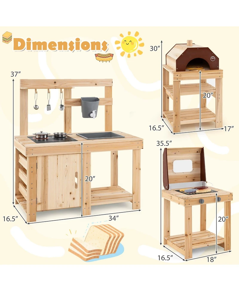 3-Piece Outdoor Wooden Kitchen Playset Kids Mud Kitchen Bbq Grill & Pizza Oven