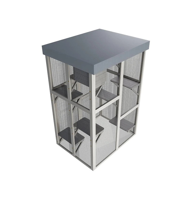 Aostirmotor 70.5 in. H Outdoor Wooden Cat Enclosure with 6 Jumping Platforms 2 Napping Houses Movable tarp cover in Gray