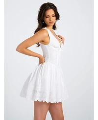 Miss Circle Women Aaliyah White Eyelet Plunging Halter Drop Waist Mini Dress