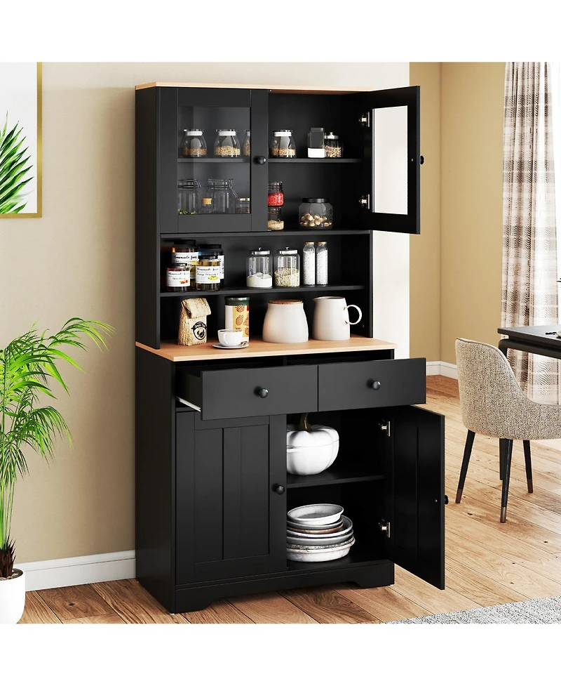 Gymax Pantry Cabinet 67'' Tall Kitchen Floor w/ 2 Removable Shelves Drawers
