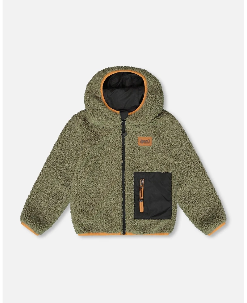Deux par Kids Unisex Reversible Mid-Season Sherpa Jacket Khaki - Child