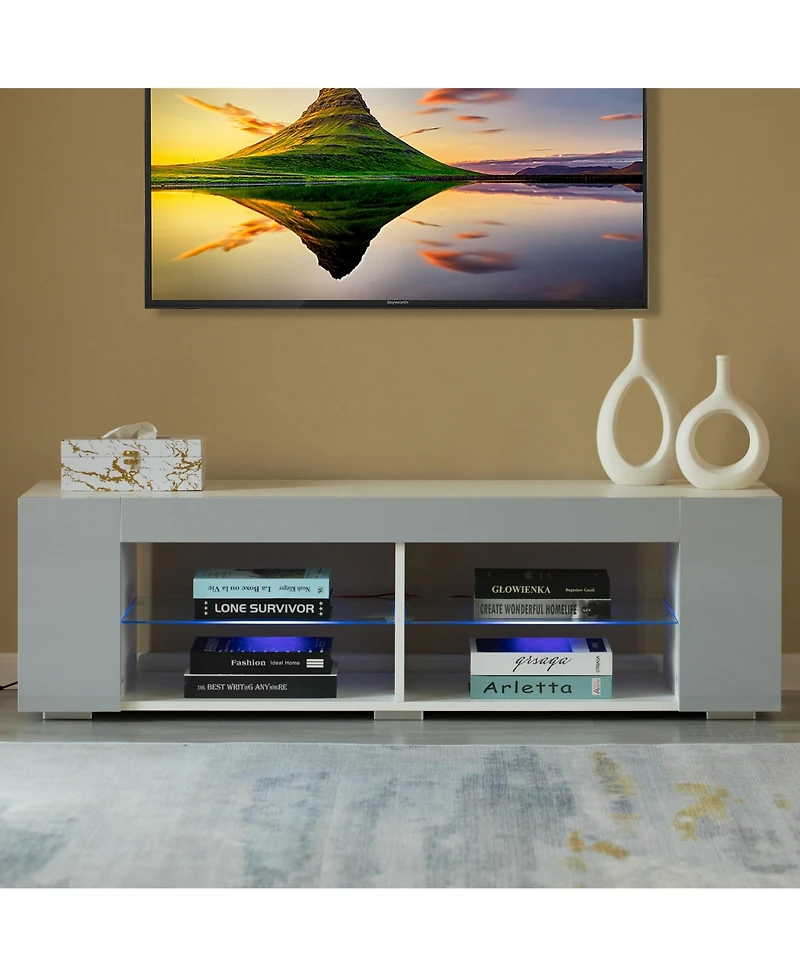 Basicwise White Entertainment Tv Stand with Led Lights and Glass Shelves with Uv Frame